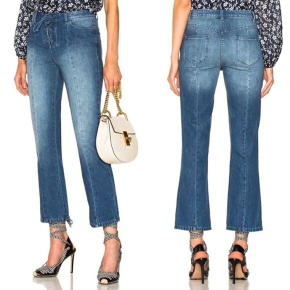 ULLA JOHNSON Alex Jeans medium wash Mid Rise Waist Lace up cropped sz 2 - Picture 12 of 12